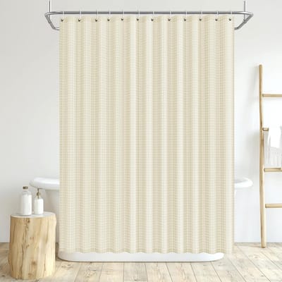 Stijlvol Beige Douchegordijn van Wafelstof, 180 x 200 cm, Wasbaar Polyester met 12 Ringen, Waterafstotend en Duurzaam