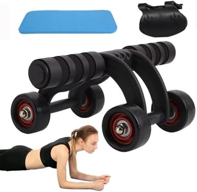 Buikroller - Kernspier Trainer - Krachttraining Thuis - Vierwiel Stabiliteit - Inclusief Kniebeschermer - Zwart