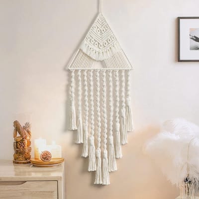 Handgeweven Macramé Wanddecoratie met Dromenvanger en Driehoekige Kwastjes voor Bohemian Achtergrond, Geometrische Kunst en Vloerkleed voor Slaapkamer en Woonkamer Decoratie