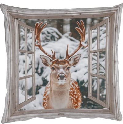 Sierkussens - Kussentjes Woonkamer - 50x50 cm - Doorkijk - Hert - Sneeuw - Winter - Bos - Dieren - Natuur