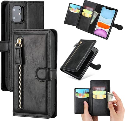Bookcase Geschikt voor: iPhone 14 Bookcase met ritssluiting - Flipcover - Magnetisch - 5 kaarten houder - Zwart