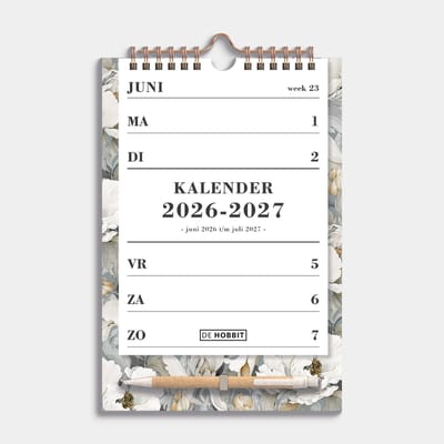 Hobbit - Weekkalender Schooljaar 2026-2027 - Spiraalkalender op bord - A5 (21 x 14.85 cm) - Met Pen - Witte Rozen