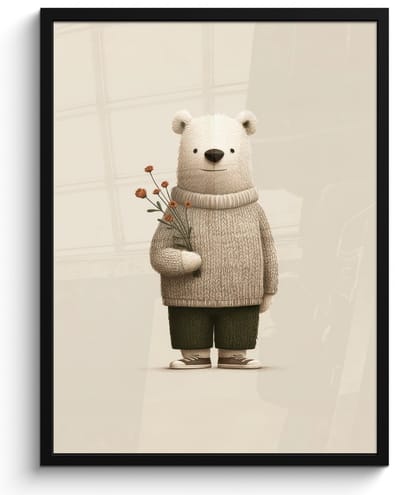 Poster in lijst - Fotolijst 50x70 cm - Posters - Knuffelbeer - Oranje bloemen - Vriendelijk - Posterlijst zwart - Decoratie - Wanddecoratie woonkamer - Muurdecoratie slaapkamer