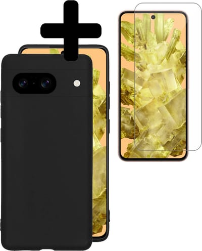 Hoesje - Met Screenprotector - Geschikt voor Google Pixel 8 - Sterk & Shockproof - Back Cover - Siliconen Case - Telefoon Hoes - Telefoonhoesjes - Zwart