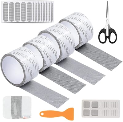 Reparatieset voor vliegengaas met 4 rollen en 5 cm x 2 m tape voor insectenbescherming, ideaal voor ramen en muggennetten, inclusief schaar en patches