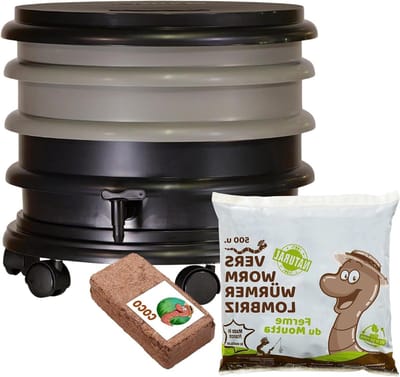 WORMbox | Lombricomposter 2 bins Grey + 250g Compost worms + 1 Coco block | 32 liters | Compost your organic waste, the worms/earthworms produce lombricompost