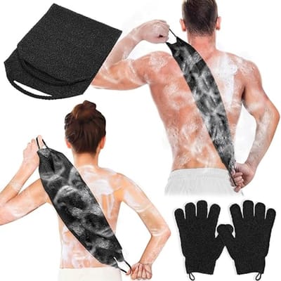 Exfoliërende rugscrubber en badhandschoenen set – nylon bodyscrub handschoenen voor dode huid – geschikt voor douche en bad (zwart, 3 stuks)