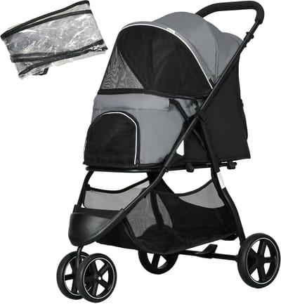 2-in-1 Hondenwagen met Regenhoes - Opvouwbaar voor Honden en Katten tot 10 kg - Grijs en zwart