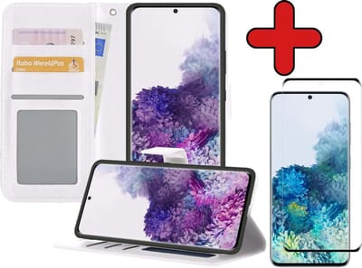 Hoesje - Met Screenprotector - Geschikt voor Samsung Galaxy S20 - Luxe Pasjeshouder - Flipcase - Bookcase Portemonee - Flip Case - Kunstleer Book Case - Book Cover - Walletcase - Portemonneehoes - Telefoonhoes - Wit