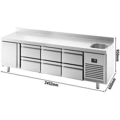 GGM Gastro Kühltisch Premium PLUS - 2452x600mm - mit 1 Becken, 1 Tür, 6 Schubladen - Aufkantung