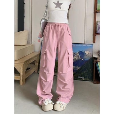 Dames Lente en Herfst Nieuwe Skinny Rechte Parachutebroek Losse Hoge Taille Wijde Pijp Joggingbroek Joggingbroek 5XL roze
