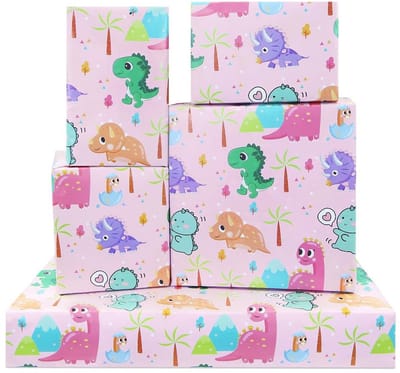 ZEYNOMAX- Inpakpapier Roze Dinosaurus - Cadeaupapier Verjaardag - Inpakpapier Kinderen - Inpakpapier Baby - Inpakpapier Rollen - Plat Gevouwen 50x70cm