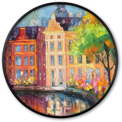 Poster in lijst Rond - Fotolijst 60x60 cm - Posters - Olieverf - Amsterdam - Kunst - Kleurrijk - Ronde posterlijst zwart - Decoratie - Wanddecoratie woonkamer - Muurdecoratie slaapkamer