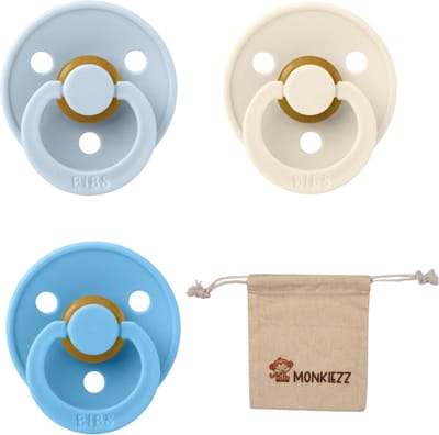 BIBS Fopspenen - Maat 2 6-18 maanden - Latex – Breeze, Ivory, Baby Blue + Monkiezz speenzakje