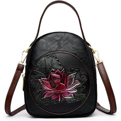 Sac à bandoulière polyvalent pour femme, motif lotus, style chinois, automne et hiver black