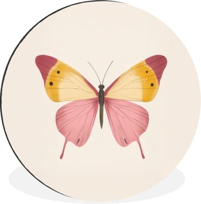WallCircle - Wandcirkel - Muurcirkel - Vlinder - Illustratie - Roze - Aluminium - Dibond - 30x30 cm - Binnen en Buiten