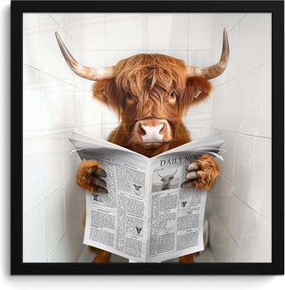 Poster in lijst - Fotolijst 40x40 cm - Posters - Schotse Hooglander - Dier - Krant - Toilet - Posterlijst zwart - Wanddecoratie badkamer - Muurdecoratie WC - Decoratieve accessoires - Toilet muur decoratie
