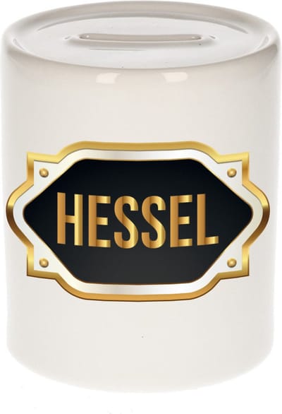 Spaarpot met voornaam Hessel - wit - met goud/zwart embleem - 8 x 9 cm - keramiek - met afsluitdop - cadeau verjaardag
