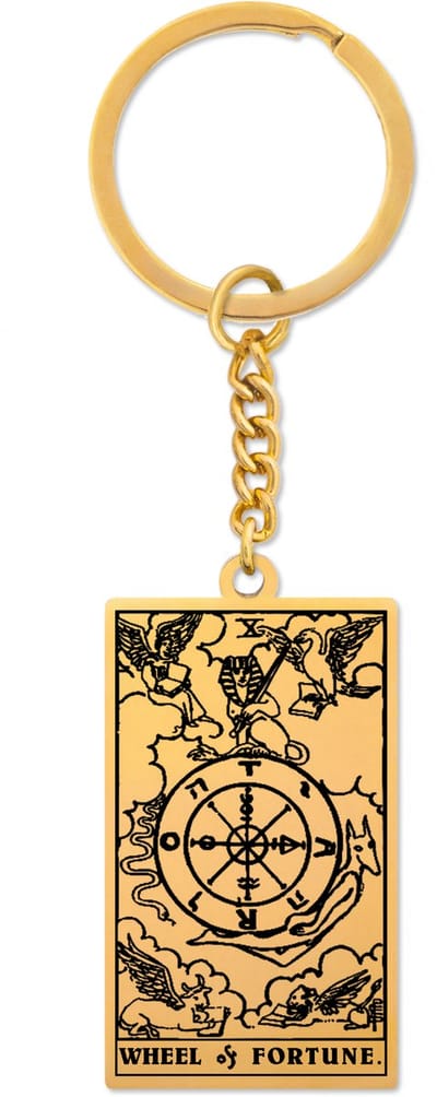 Tarot Sleutelhanger X: Het Rad van Fortuin / Wheel of Fortune - Goudkleurig Stainless Steel - Grote Arcana uit Rider-Waite Geïnspireerd - Pax Amare