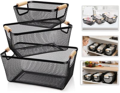 VHV - Opbergmand - Keuken organizer - Badkamer organizer - Set van 3 - Met houten handvaten - Voorraadkast organizer - Voor de koelkast en fruit - Metaal- 3 Maten -Zwart