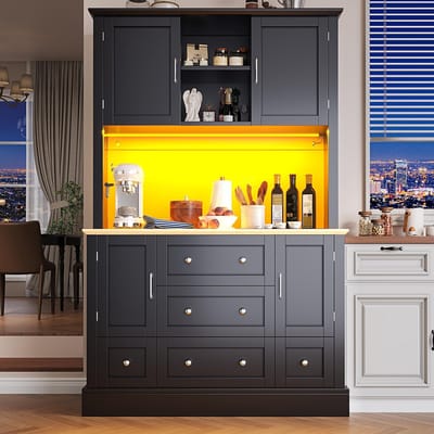 BLACKCOLORS Hoge Kast 115x40x180 cm - Hoogwaardige Vitrinekast - met App-bedienbare LED Verlichting - 4 Deuren en 5 Lades - Muziekverlichting - Kantelbeveiliging - Zwart - voor Keuken en Woonkamer