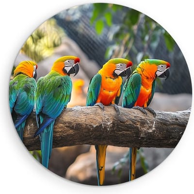 Saammp Muurcirkel Hout - 5 papegaaien op tak - Dieren - Bloemen - Ø 90 - Wandcirkel - Wanddecoratie Cirkel - muurdecoratie Woonkamer - Slaapkamer decoratie - Rond Schilderij