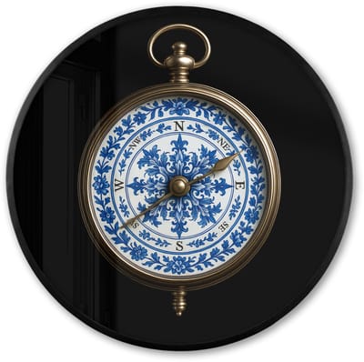 Poster in lijst Rond - Fotolijst 60x60 cm - Posters - Kompas - Delfts blauw - Zwart - Ronde posterlijst zwart - Decoratie - Wanddecoratie woonkamer - Muurdecoratie slaapkamer