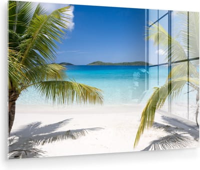 MuchoWow® Glasschilderij 90x60 cm - Schilderij acrylglas - Strand - Palmen - Tropisch - Foto op glas - Muurdecoratie woonkamer - Wanddecoratie slaapkamer - Schilderijen
