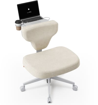 Newtral Ergonomische Bureaustoel met Inklapbaar Bureaublad & Bekerhouder - Verstelbare Thuiswerkstoel - Waterafstotend Velours -Schuimkussen - Klasse 4 Gasveer - Max. 135kg - Beige
