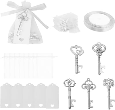 Dailygoods- Sleutel Flesopener - 50 Stuks - Vintage Sleutelhanger - Trekkoord Tas - Bruiloft Feestartikelen - Legering - Inclusief Tags