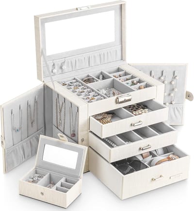 Sieraden Opbergdoos - Juwelenkistje Organizer - Veilig Opbergen Reizen - Afsluitbaar Spiegel - 26.5x16.5x21.5 cm - Wit Houtnerf