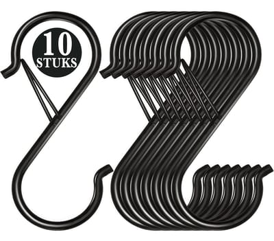 10 Stuks Zwart Metaal S Haken met Veiligheidssluiting - 10cm Lengte - Ophanghaken - Haakjes voor Keuken, Badkamer & Tuin - Kledinghangers - Jashaak Hangers - Handdoekhaakjes - Keukengerei Organizer Haak - Kapstok S-haken - Vleeshaken - Muurhaak