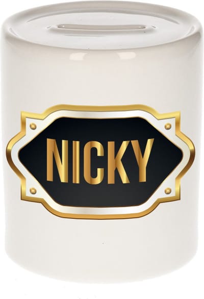 Spaarpot met voornaam Nicky - wit - met goud/zwart embleem - 8 x 9 cm - keramiek - met afsluitdop - cadeau verjaardag