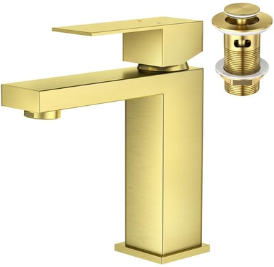 Dailygoods- Wastafelkraan hoekig - Eengreepsmengkraan - Pop-up afvoergarnituur - Badkamerkraan - Roestvrij staal - Goud geborsteld