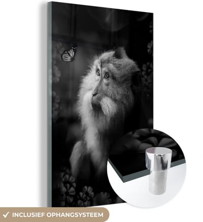 MuchoWow® Glasschilderij 40x60 cm - Schilderij acrylglas - Aap en een vlinder in de jungle - zwart wit - Foto op glas - Schilderijen