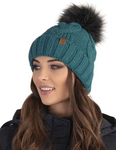 Vivisence Dames Wintermuts - Modieuze Steek Met Zacht Breisel Pompon Van Imitatiebont En Binnenkant Met Fleece - Comfortabele Pasvorm En Warme Bescherming Voor Koude Winterdagen - Donkerturkoois