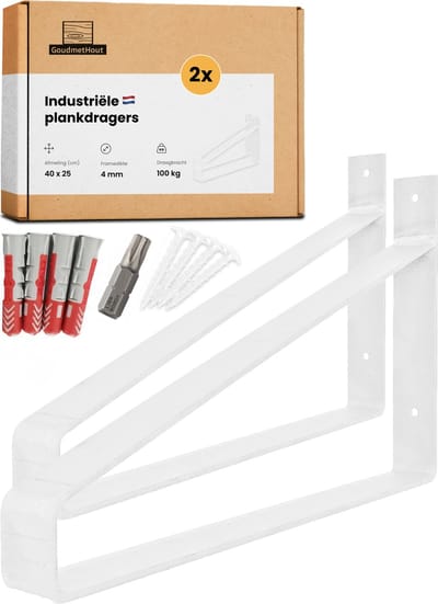 GoudmetHout® Industriële Plankdragers - 40 cm - Stalen Plankdrager voor Wandschap, Muurrek of Wandconsole - Max 100 kg - 2 Stuks - Mat Wit