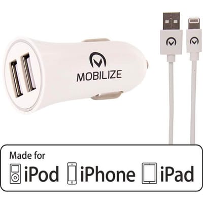 Mobilize Car Charger 2x USB + USB to Apple MFi Lighting Cable 24W 1m. White