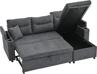 REDOM - 3-Zits Slaapbank - Met Opbergruimte En USB-C - Modern - Woonkamer - Linnen - Donkergrijs - 212,5 X 136 X 86 Cm