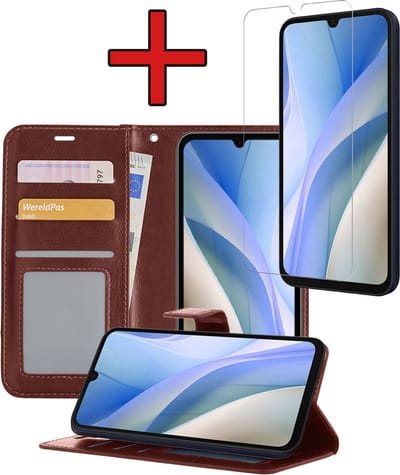 Hoesje - Met Screenprotector - Geschikt voor Samsung Galaxy A15 - Luxe Pasjeshouder - Flipcase - Bookcase Portemonee - Flip Case - Kunstleer Book Case - Book Cover - Walletcase - Portemonneehoes - Telefoonhoes - Bruin