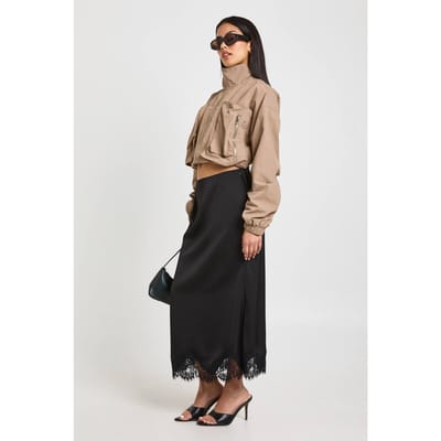 boohoo Dames Kanten Trim Satijnen Midaxi Rok | Zwart | Maat: 44