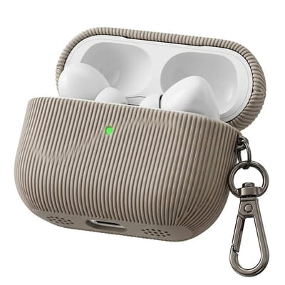 Luxe geribd hoesje voor oordopjes – Vertical Stripe design met sleutelhaak, geschikt voor AirPods Pro 2 (Grijs)