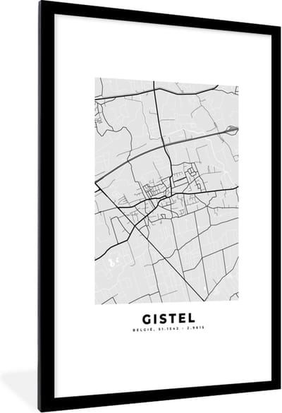Fotolijst incl. Poster Zwart Wit- Stadskaart – Plattegrond – België – Zwart Wit – Gistel – Kaart - 80x120 cm - Posterlijst