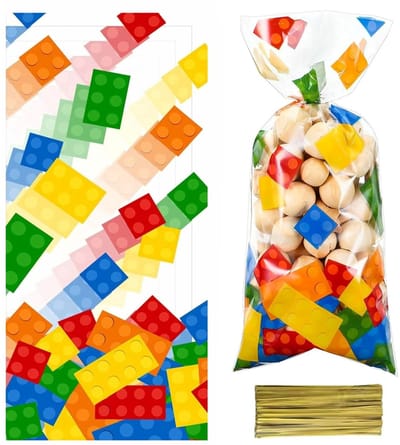 50x Uitdeelzakjes Bouwblokjes - 12.5x27.5cm - Traktatie Zakjes Voor Uitdeelcadeautjes - Uitdeelzakjes Feestje - Verjaardag - Feestje - Bouwblokjes Mix - 12.5 x 27.5 cm - 50 Stuks