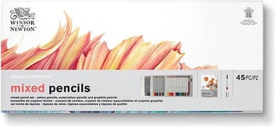 Winsor & Newton 2090001 Studio Collection Mixed Pencils Set 45 stuks – Waterverf, Kleur- en Grafietpotloden met Penseel, Puntenslijper en Papierblok