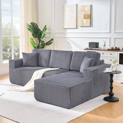 DESMIU Hoekbank 235 x 128 x 60 Cm - Modulair L-Vorm Design Met Chaise Longue En 2 Kussens - Voor Woonkamer En Appartement - Corduroy Grijs