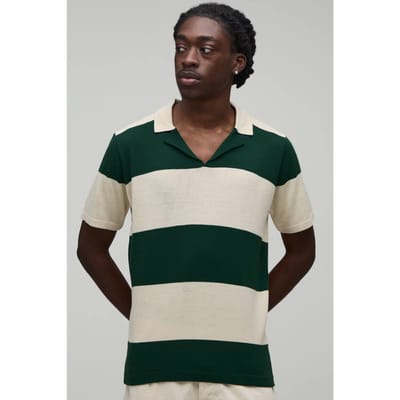 Regular Fit Revere Striped Knitted Polo T-Shirt | Forest | Size XS