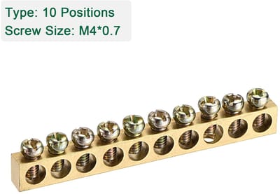 Dailygoods - Klemmen Aardingsrail - Messing - 10 Posities - 65 mm x 5,5 mm x 7,5 mm - Voor Elektrische Verdeling - Duurzaam