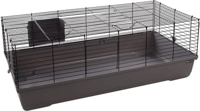 Hamsterkooi – Flamingo Mobi – caviakooi & dwergkonijnenkooi – ruime binnenkooi met hooiruif en diepe bodem – metaal zwart & grijs – 117,5x58x42,5 cm – Europese kwaliteit