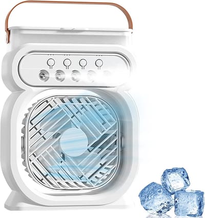 Draagbare Airco, Stille Mini Airco, Luchtkoeler, Bevochtiger, 3 Snelheden Vernevelingsventilator, Nachtlamp & Timer Voor Kantoor & Huis [Energieklasse A]